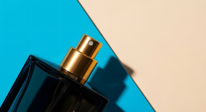 Black Perfume Bottle with Gold Cap on Blue Beige Background