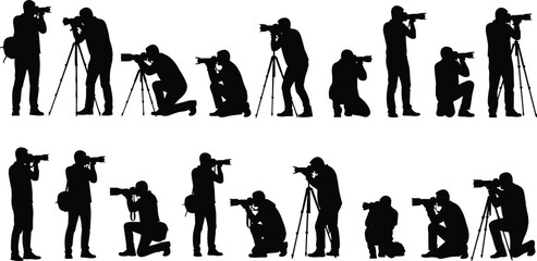Set of black silhouettes of professional photographers with cameras and tripods in various shooting poses isolated on white background vector. © Selina