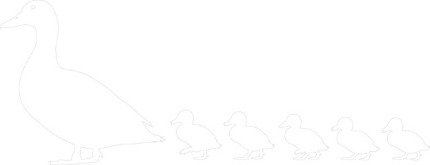 Mother Duck and Ducklings Following Outline Vector Illustration
