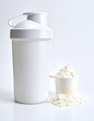 White Protein Powder and Shaker Cup on a White Reflective Surface