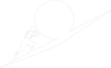 Sisyphean struggle man pushing large boulder up a steep hill minimalist outline vector graphic symbolizing effort and perseverance © Kafi