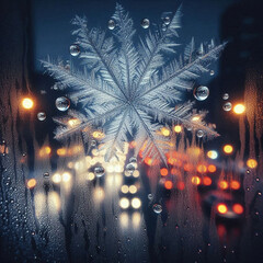 氷のフレームに囲まれた街の灯り