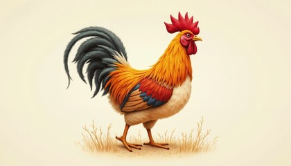 Fototapeta premium 🔹Title Colorful rooster standing proudly on a light beige background with grass 