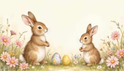 Two cute rabbits beside colorful Easter eggs in a flower-filled meadow

