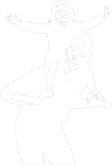 Happy father and daughter piggyback ride vector outline illustration