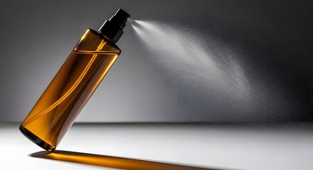Amber Spray Bottle Spraying Liquid on White Surface
