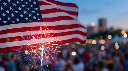 American flag waving over a festive crowd with fireworks exploding during a national celebration at dusk.