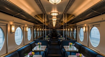 Fototapeta premium Luxurious vintage train dining car interior with plush seating and elegant lighting, creating a nostalgic and sophisticated atmosphere