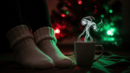 Cozy Christmas scene with warm socks and steaming drink by the bed, illuminated by soft festive lights
