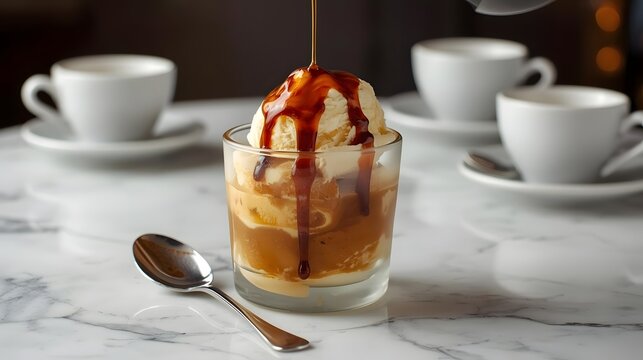 Affogato dessert in glass cup with caramel sauce in warm golden lighting on marble surface for food blog