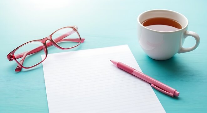 A pair of stylish redrimmed glasses, a blank sheet of paper, a pink pen, and a cup of tea on a bright turquoise wooden table, suggesting work or study - Powered by Adobe