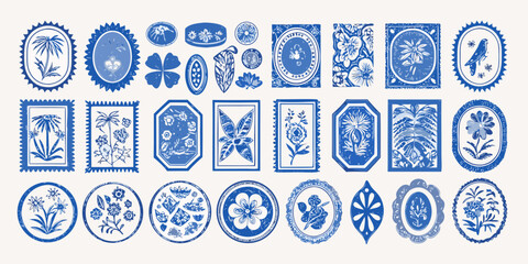 A collection of vintage blue and white patterned postage stamps arranged closely together © Juran