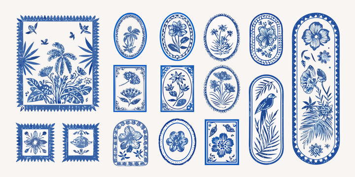 An assortment of vintage blue and white chinoiserie floral and botanical patterns