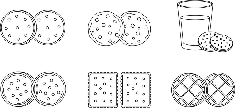 Collection of cookie line icons featuring chocolate chip cookies, sandwich biscuits, crackers, waffles, and a glass of milk for breakfast.