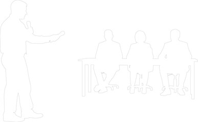 Outline Vector Graphic of Speaker Addressing a Panel Discussion Team at a Corporate Event Table