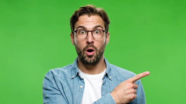 Surprised bearded man pointing to the side with a shocked expression.