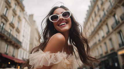 Fashionable woman enjoys a sunny day in city on a charming street