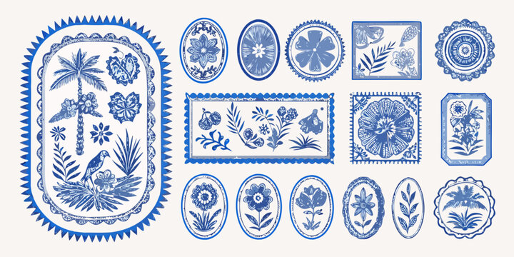 An assortment of vintage blue and white porcelain decorative plates and frames