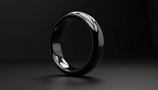 Luxury abstract 3D object of a floating black chrome ring with subtle surface distortions, ultra-smooth reflections, premium minimal CGI render, dark studio background, no text