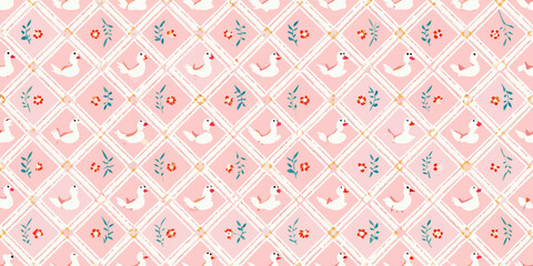 A charming pink and white pattern featuring stylized ducks and floral accents