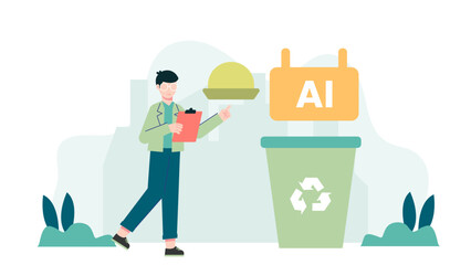 Smart Restaurant Using AI to Reduce Food Waste. Flat Vector Illustration