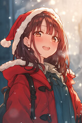 雪降る街で微笑むサンタ帽のアニメ美少女　クリスマス冬イラスト
