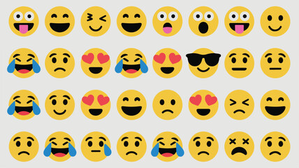 A digital illustration of various yellow emojis expressing different emotions on a white background