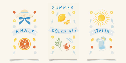 Illustrative summer postcard designs featuring italian themes and citrus fruits © Juran