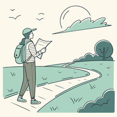 a traveler with a map and backpack walks along a winding path under a serene sky and clouds