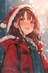 雪降る街で微笑むサンタ帽のアニメ美少女　クリスマス冬イラスト
