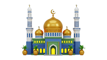 3D Mosque with Golden Domes and Minarets