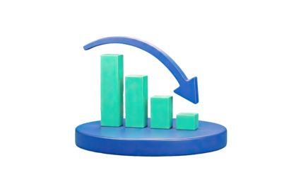 3D Bar Chart Showing Decline with Downward Arrow