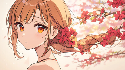 花を髪に編み込んだアニメ美少女の横顔　春を感じる優しいイラスト
