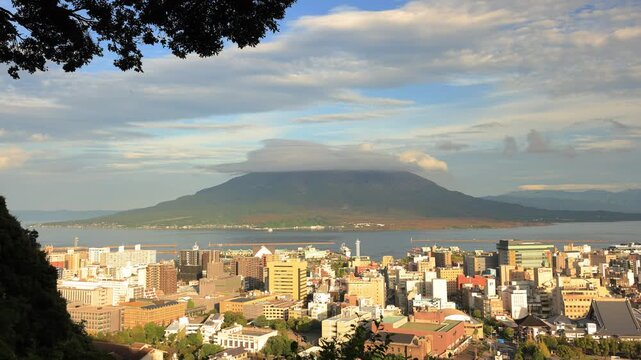 Shiroyama Park Observation Deck, hilltop for views of the Sakurajima volcano in Kagoshima, Japan