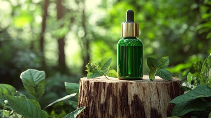 A green serum bottle , accompanied by green leaves on a outdoor wooden block. 