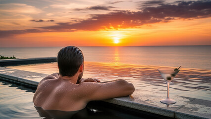 Man lounging in an infinity pool with a cocktail drink at sunset, gazing at the vibrant sky and ocean horizon, creating a serene and luxurious atmosphere