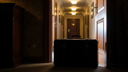 Dimly lit hotel corridor with an open door revealing a vintage suitcase, creating an inviting and mysterious atmosphere