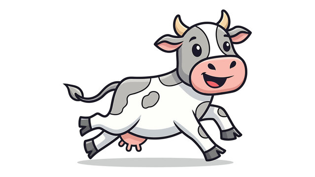 Cartoon cow running happily with a big smile and joyful expression.