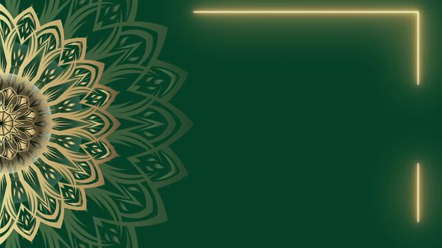 Elegant Green Mandala Background with Golden Neon Frame.