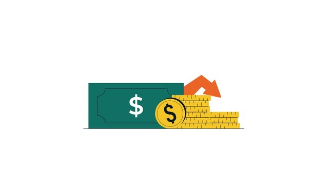 4k Dollar Banknotes and Coins with Up Arrow. Financial Growth Concept Animation Video