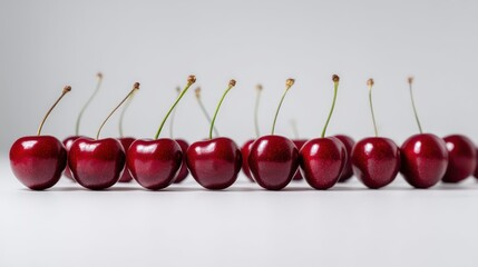A geometric arrangement of cherries positioned in precise rows against a matte white surface, glossy skins captured in sharp