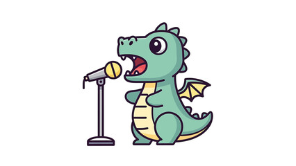 Fototapeta premium Cute cartoon dragon singing into a microphone with open mouth and wings.