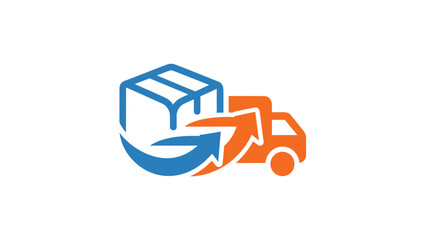 Delivery service logo featuring a box and a truck with arrows indicating movement and transport.