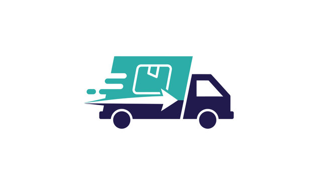 Delivery truck logo with a box and arrow, representing fast shipping and logistics.