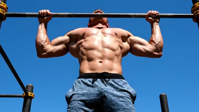 Muscular man performing pull-up exercise outdoors on a sunny day.