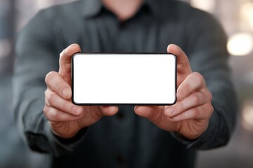 Closeup view of hands holding a modern smartphone with a blank screen in a bright indoor environment during daytime