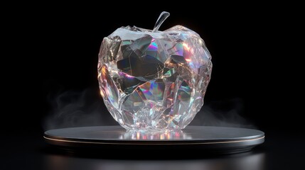 A glowing crystalline apple hovers within mist, its fractured surface refracting rainbow shards across a polished black plate. Shadows