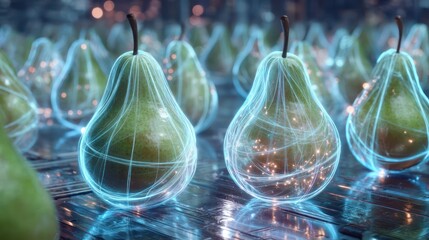 A glowing crystalline orchard of floating pears hovers above a metallic surface, fruit radiating inner neon lines. Shadows are