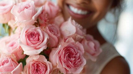 pink rose bouquet held by a smiling woman