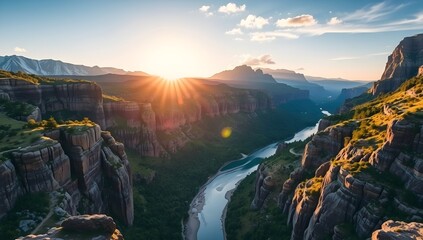Majestic Grand Canyon Landscape with Colorado River at Sunset. Scenic Red Rock Cliffs View
